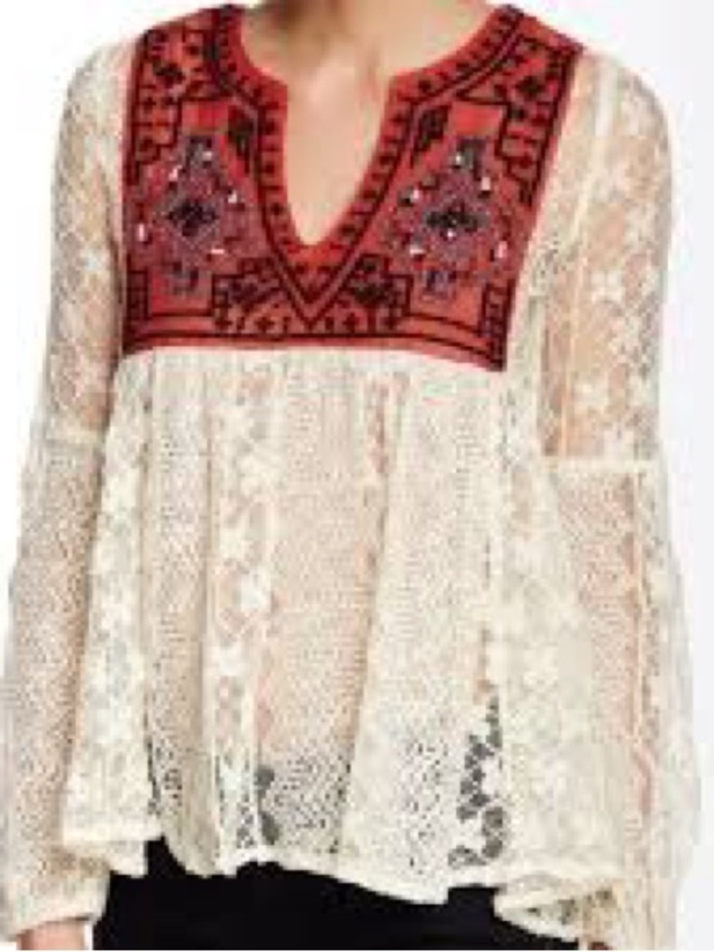 Free People Casablanca Embroidered Lace Boho Tunic Top Festival Bell Sleeve S - Picture 3 of 11